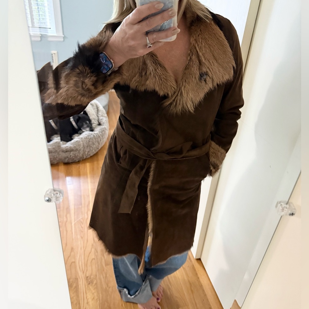 Gerard Darel Brown Suede Goat Skin Shearling Toscana Coat - Picture 4 of 16